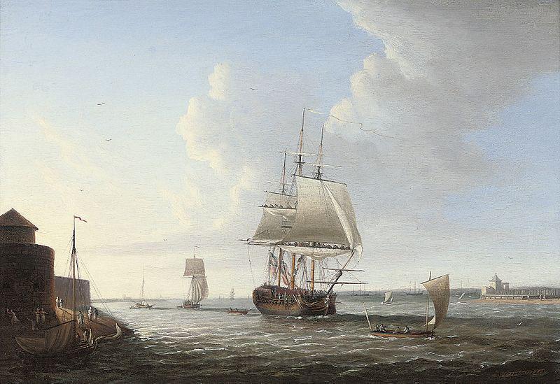 Dominic Serres An English man-o'war shortening sail entering Portsmouth harbour, with Fort Blockhouse off her port quarter Norge oil painting art